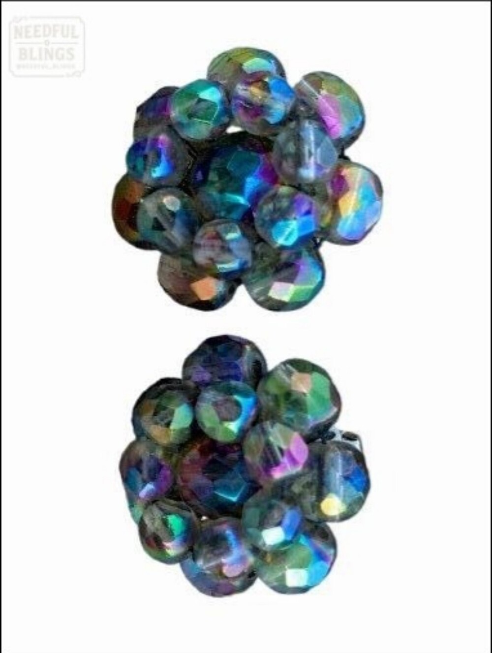 VOGUE Clip-On Earrings Signed Vintage Aurora Borealis Glass Bead Cluster